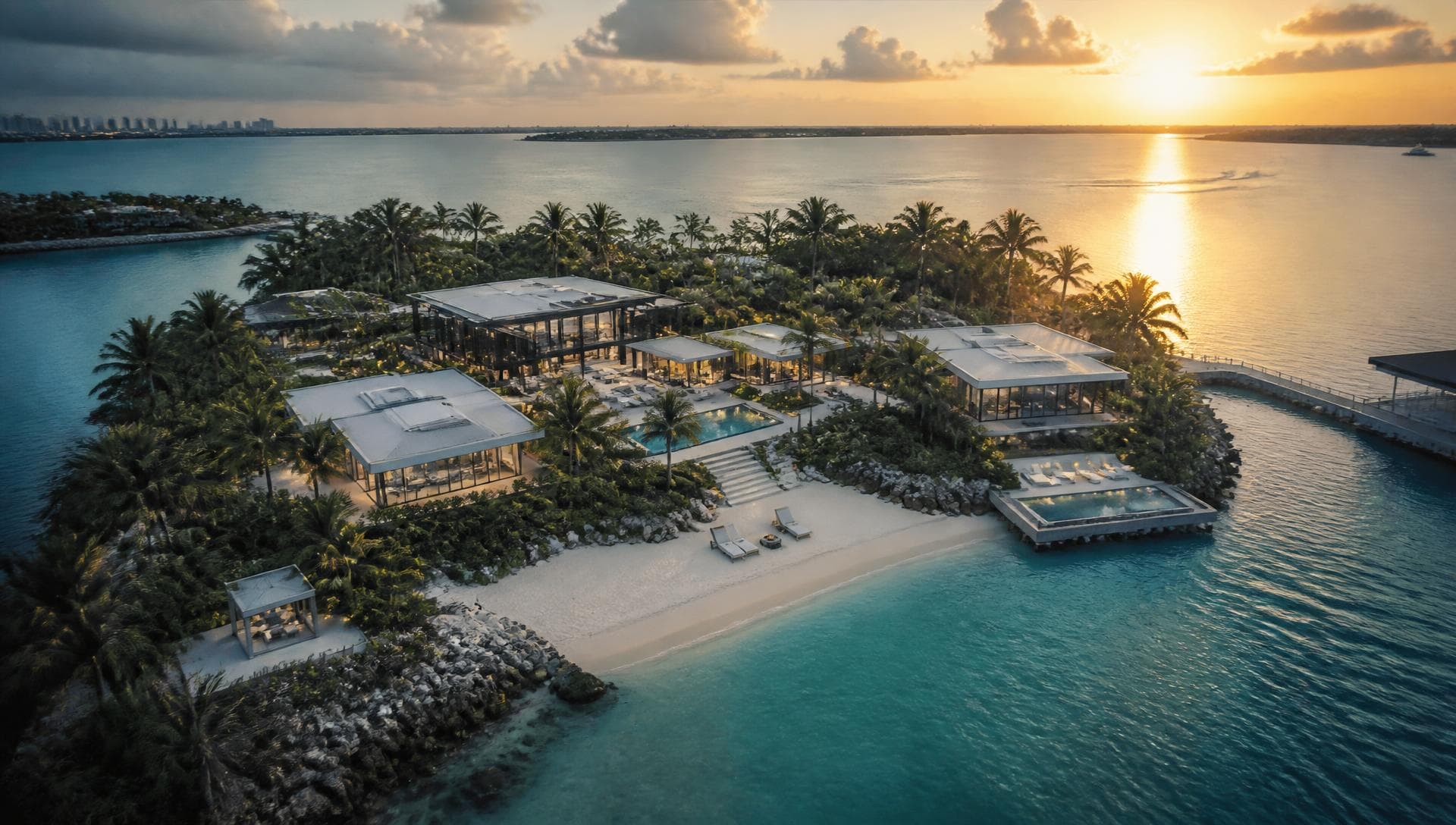 Aerial view of the waterfront destination at golden hour