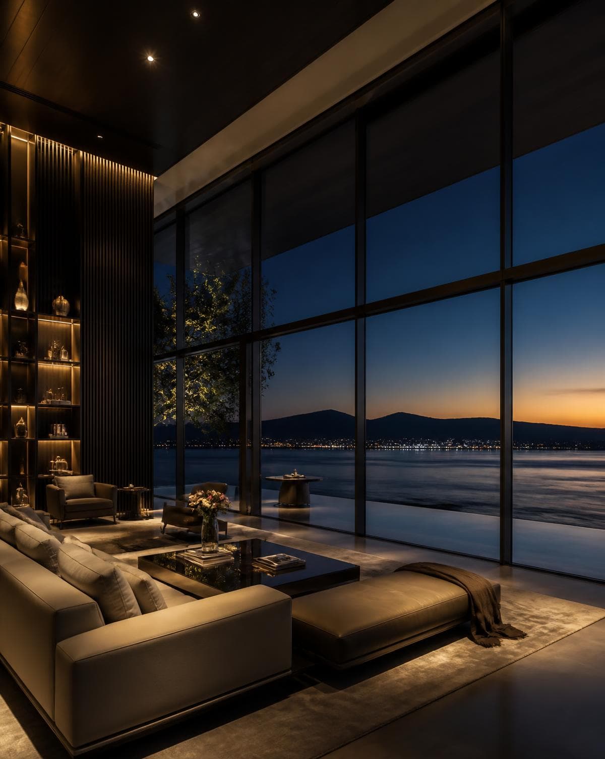 Interior of a waterfront residence at dusk